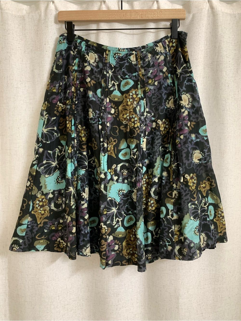J. Jill Black Cotton Silk A-Line Skirt Floral Brushstroke Teal Gold Print size 8